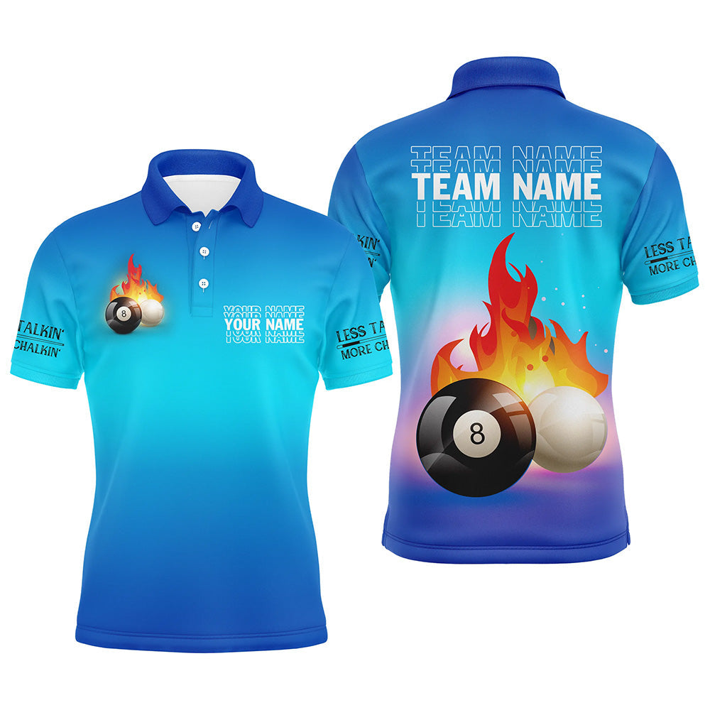 Personalized 8 Ball And Cue Ball Pool Blue 3D Polo Shirts For Men, Custom Name Billiard Jerseys VHM0699