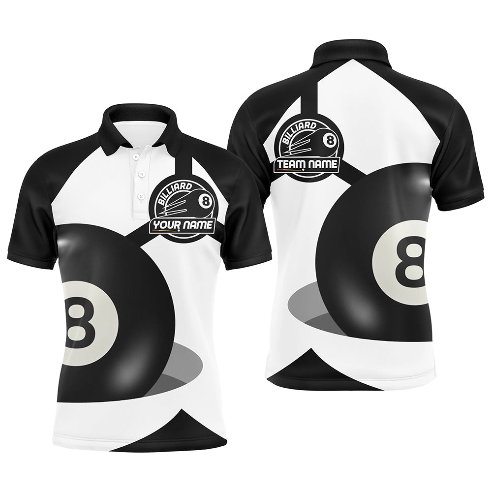 Personalized 8 Ball Pool Black White Billiard Polo Shirts For Men, Custom Pool Billiards Jerseys VHM0572