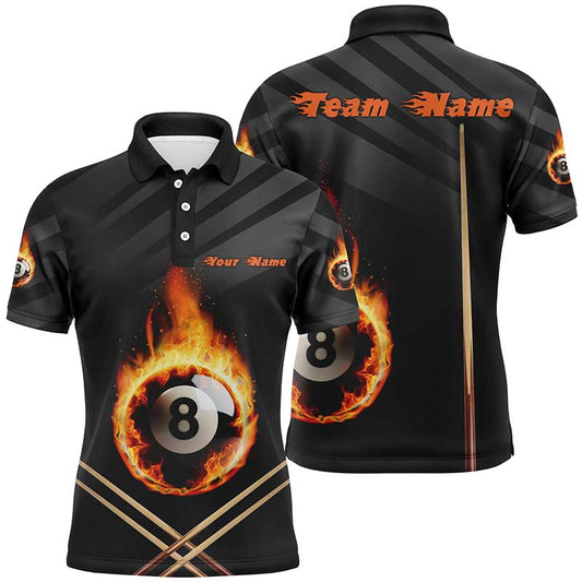 Personalized Fire 8 Ball Billiard 3D Polo Shirts For Men, Custom Name 8 Ball Pool Team Jerseys VHM1015