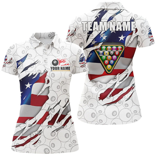 Billiards Balls 8 Ball Pattern White US Flag Custom Name Billiard Polo Shirts For Women VHM0038