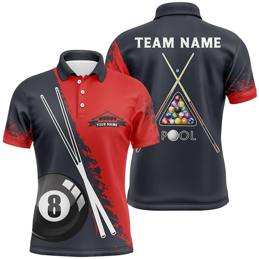 Personalized 8 Ball Pool Billiards Red Black 3D Polo Shirts For Men, Custom Pool Billiards Jerseys VHM0438