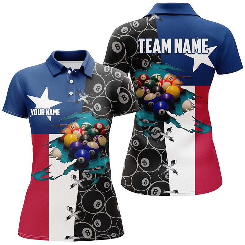 Personalized Texas Flag Billiard Polo Shirts For Women, Custom 8 Ball Pattern Pool Balls Jerseys VHM0653