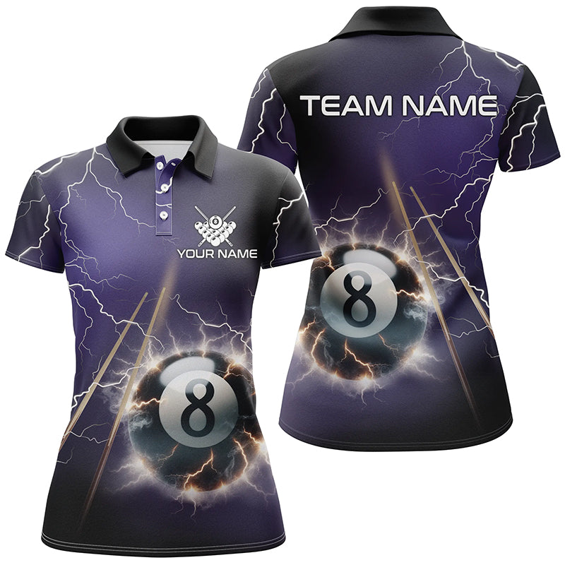 Personalized Thunder Lighting Purple 8 Ball Billiard 3D Polo Shirts For Women, Pool Balls Jerseys VHM1029