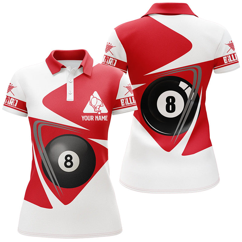 Personalized White And Red 8 Ball Billiards Polo Shirts For Women, Custom Player Billiards Shirts VHM0063
