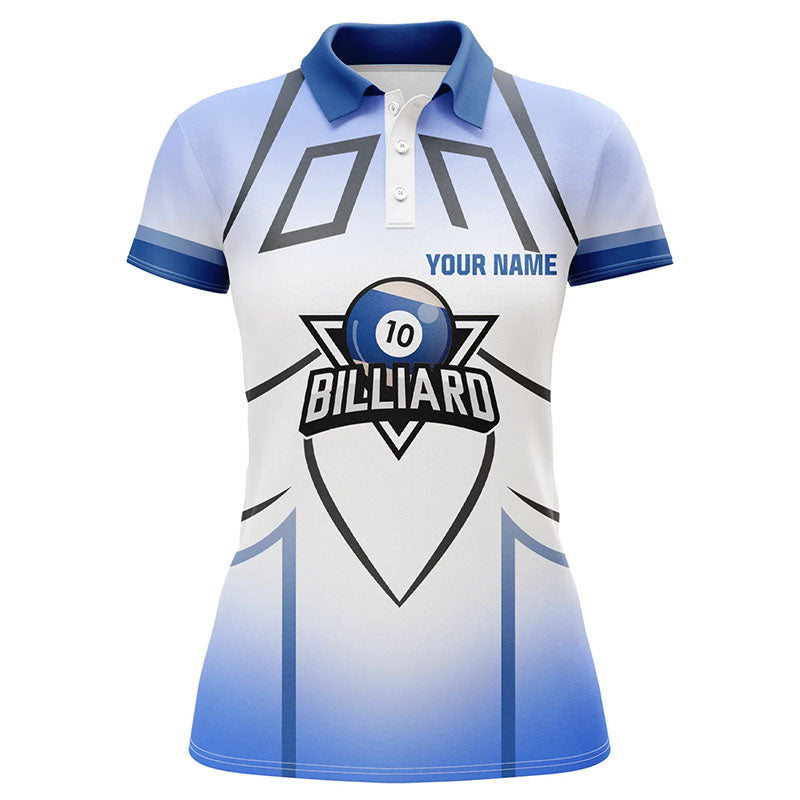 Personalized Blue 10 Ball Billiard 3D Polo Shirts For Women, Custom 10 Ball Pool Billiards Jerseys VHM0961