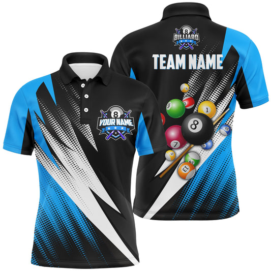 Personalized 8 Ball Pool Billiard Balls Blue 3D Polo Shirts For Men, Custom Pool Billiards Jerseys VHM0302