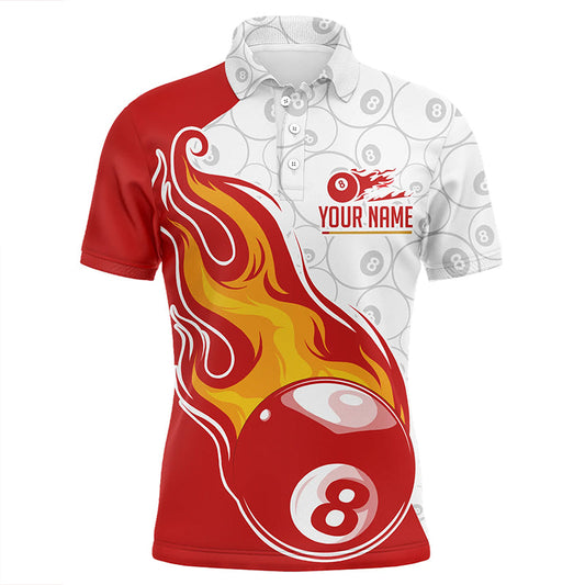 Personalized 8 Ball Flame Billiard White Red 3D Polo Shirts For Men, Custom 8 Ball Pool Shirts VHM0305
