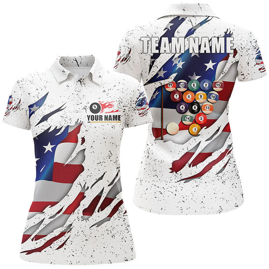 Billiards Balls US Flag White Grunge Custom Name Billiard Polo Shirts For Women, 8 Ball Pool Jerseys VHM0095