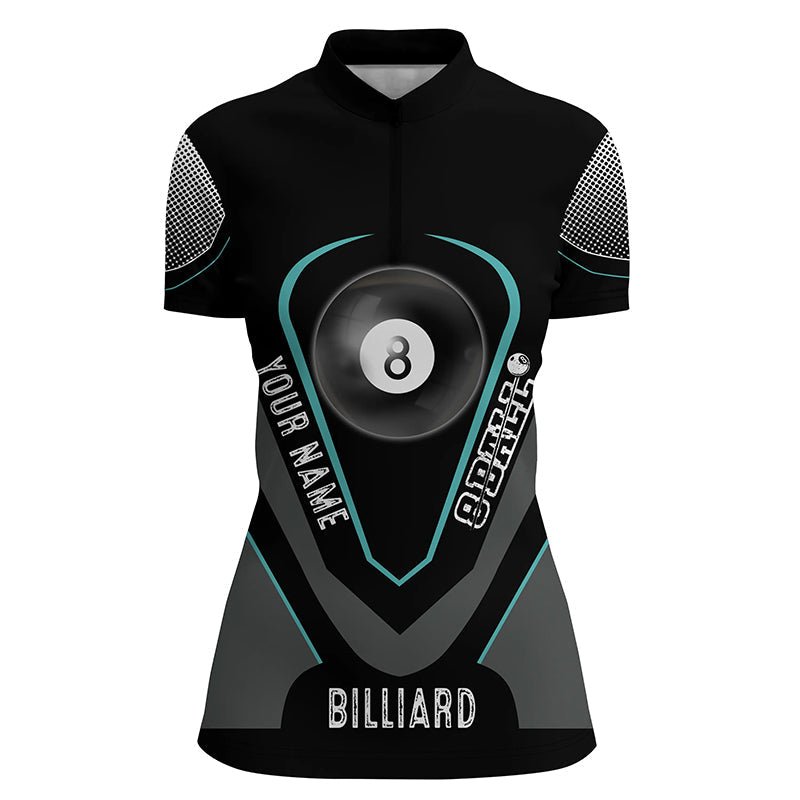 Personalized Style Black Blue 8 Ball Billiard 3D Quarter-Zip Shirts For Women, 8 Ball Pool Jerseys VHM1065