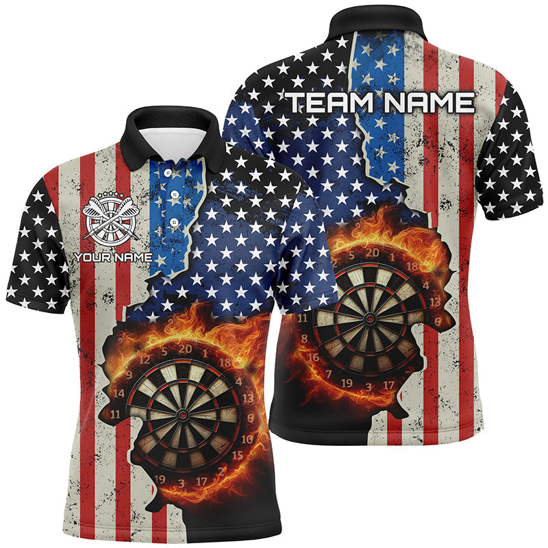 Personalized US Flag Fire Dartboard Dart 3D Polo Shirts For Men, Custom Team Name Mens Dart Jerseys VHM1077