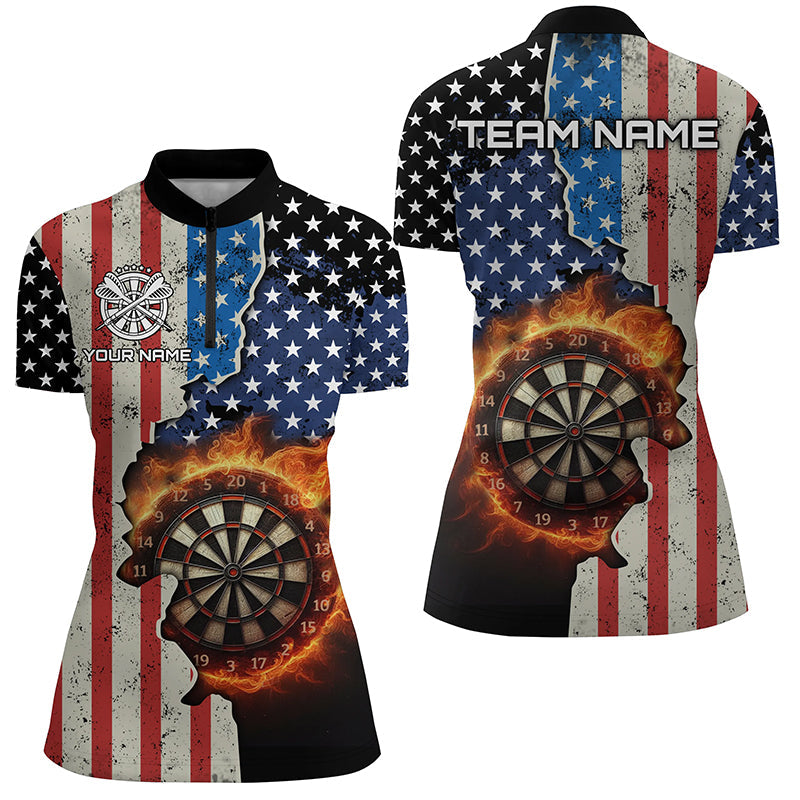 Personalized US Flag Flame Dartboard Dart 3D Quarter-Zip Shirt For Women, Custom Women Dart Jerseys VHM1077