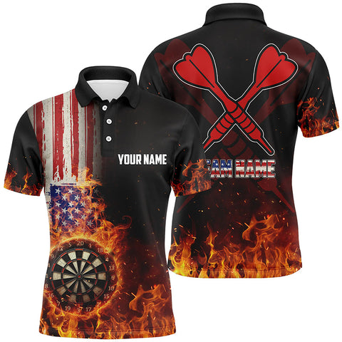 Personalized US Flag Fire Dartboard Dart 3D Polo Shirts For Men, Custom Patriotic Mens Dart Jerseys VHM1079