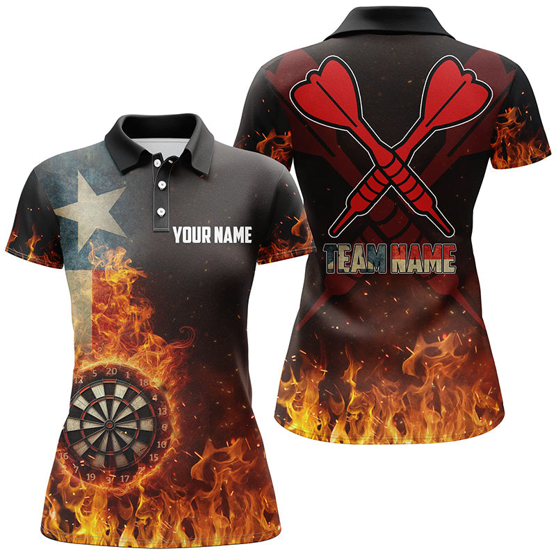 Personalized Texas Flag Fire Dartboard Dart Polo Shirt For Women, Custom Patriotic Women Dart Jerseys VHM1080