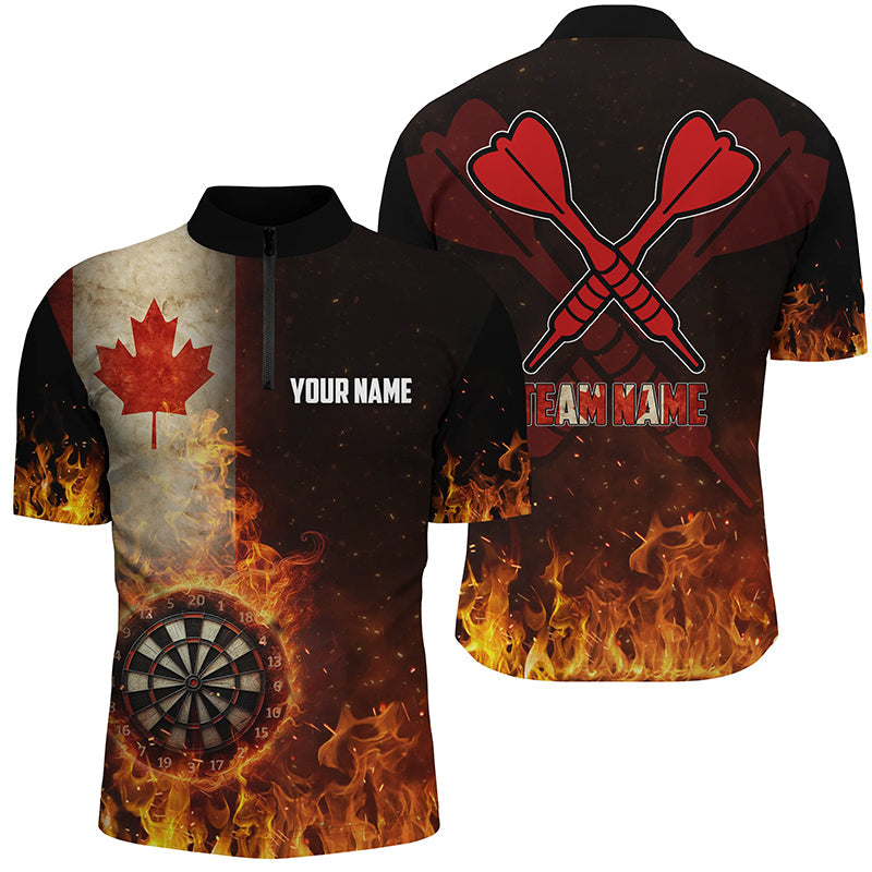 Personalized Canada Flag Flame Dartboard Dart Quarter-Zip Shirts For Men, Custom Mens Dart Jerseys VHM1081