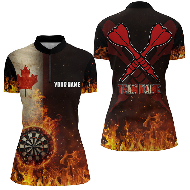 Personalized Canada Flag Flame Dartboard Dart Quarter-Zip Shirt For Women, Custom Women Dart Jerseys VHM1081