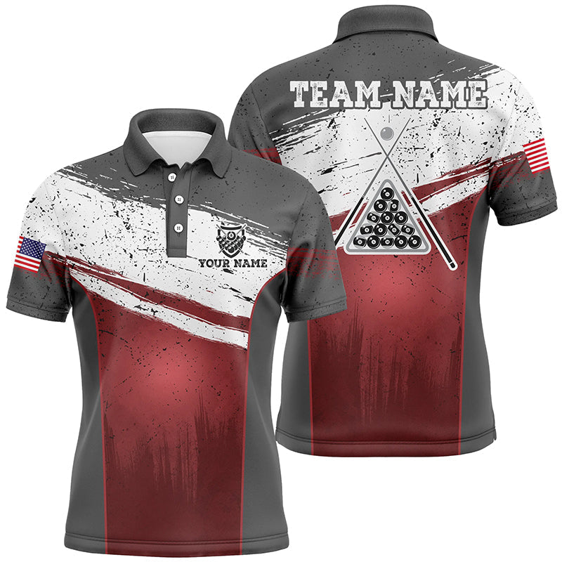 Personalized US Flag 8 Ball Pool Polo Shirts For Men, Custom Red Grunge Billiard Balls Jerseys VHM0780