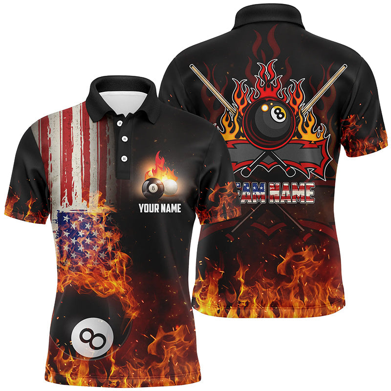 Personalized US Flag 8 Ball Pool On Fire Billiards 3D Polo Shirts For Men, Custom Billiards Jerseys VHM0422