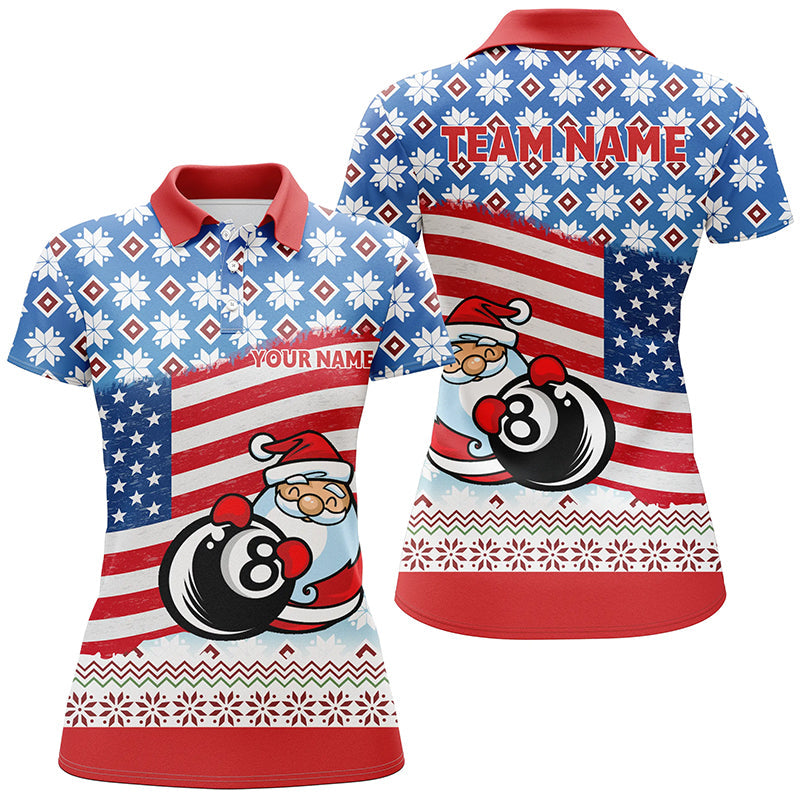 Personalized US Flag 8 Ball Pool With Santa Christmas Billiard Polo Shirts For Women, Billiard Shirts VHM0626