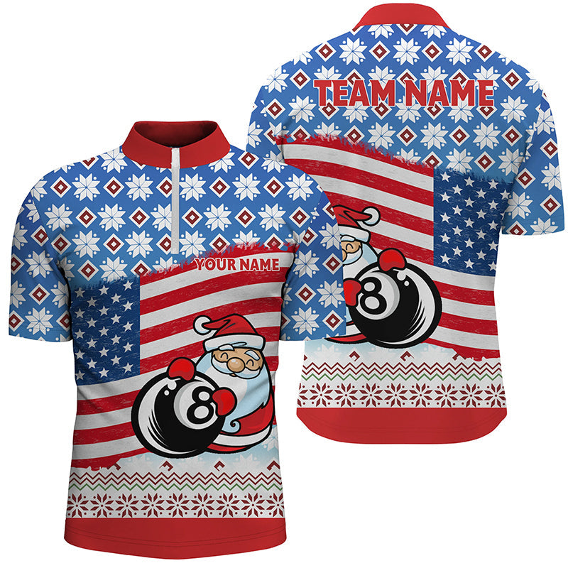 Personalized US Flag 8 Ball Pool With Santa Christmas Billiard Quarter-Zip Shirts For Men VHM0626