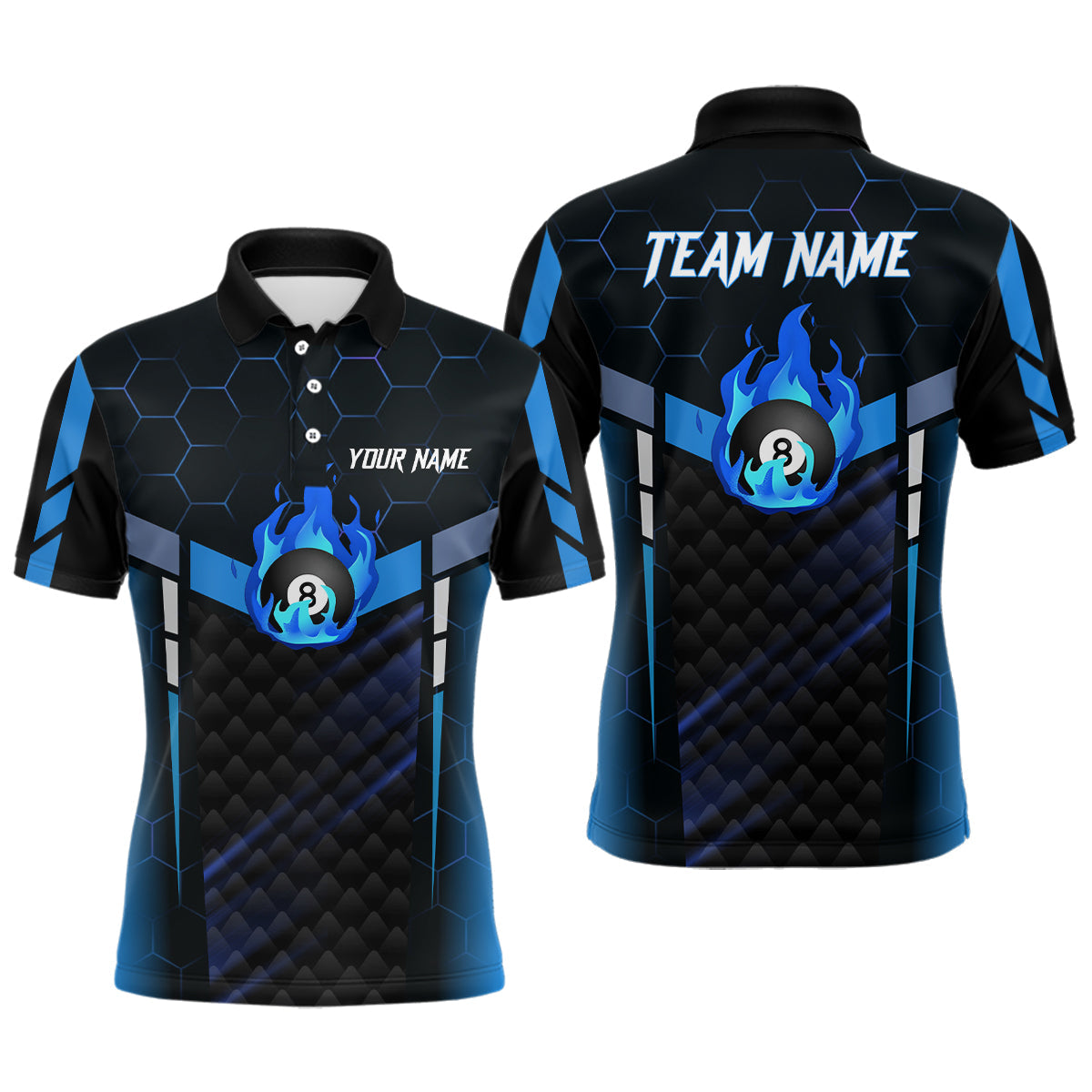 Personalized Blue Fire 8 Ball Billiard 3D Polo Shirts For Men, Custom 8 Ball Pool Team Jerseys VHM1017