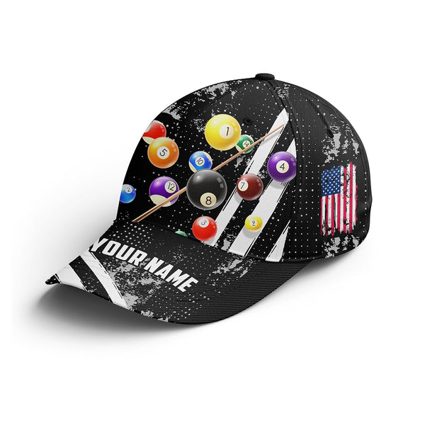Custom Name US Flag Pool Balls Black Billiards Hat Cap, Personalized Billiards Gifts Billiars Hats VHM0455
