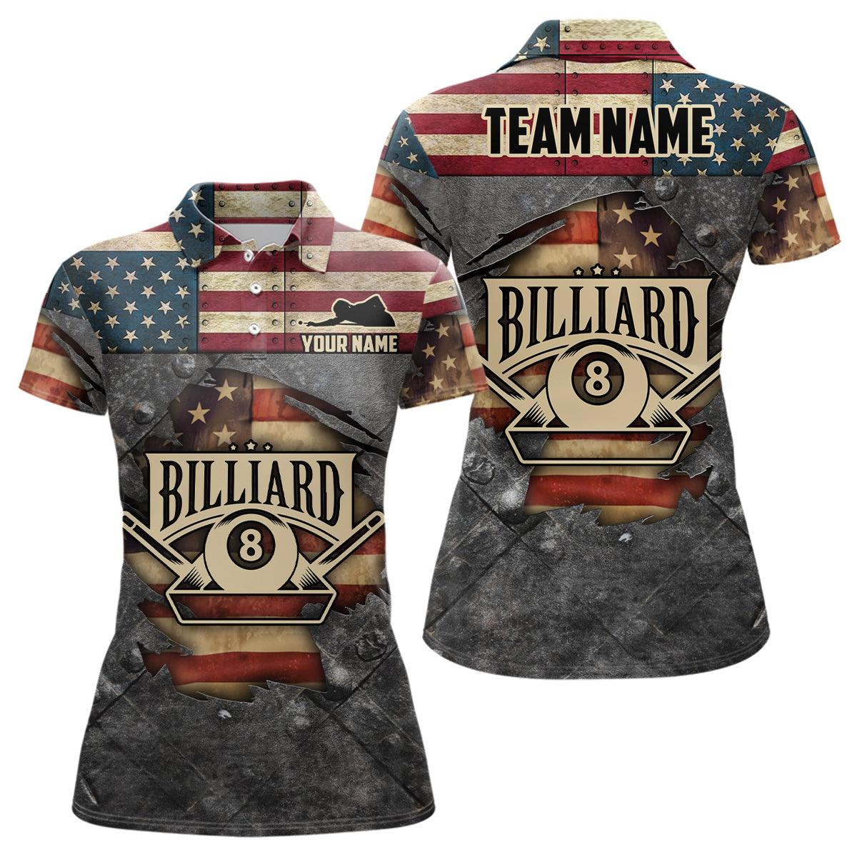 Billiards Vintage US Flag Custom Billiard 3D Polo Shirts For Women, Custom 8 Ball Pool Team Shirts VHM0448