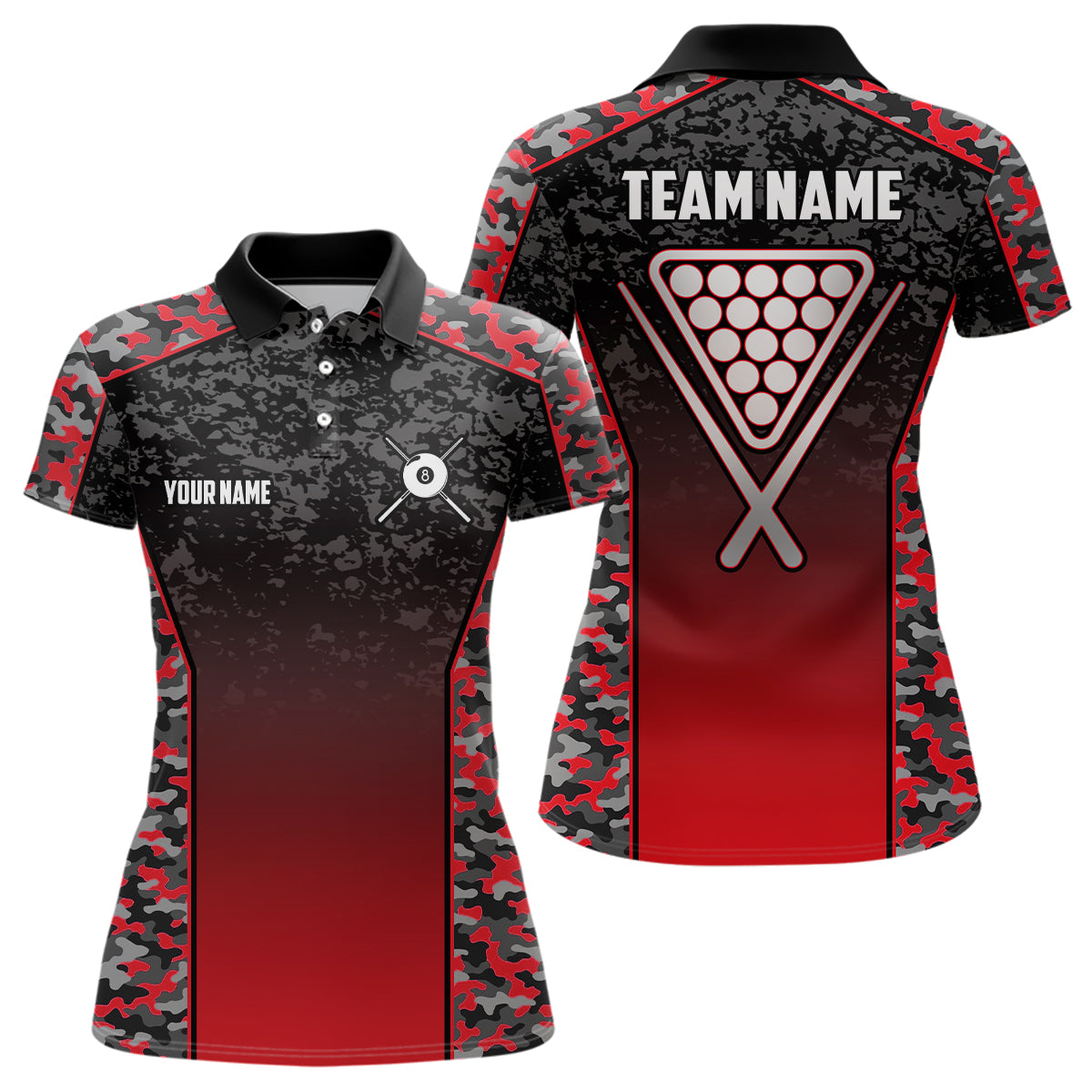 Personalized Red Camo 8 Ball Pool Polo Shirts For Women, Custom 8 Ball Billiard Balls Team Shirts VHM0797