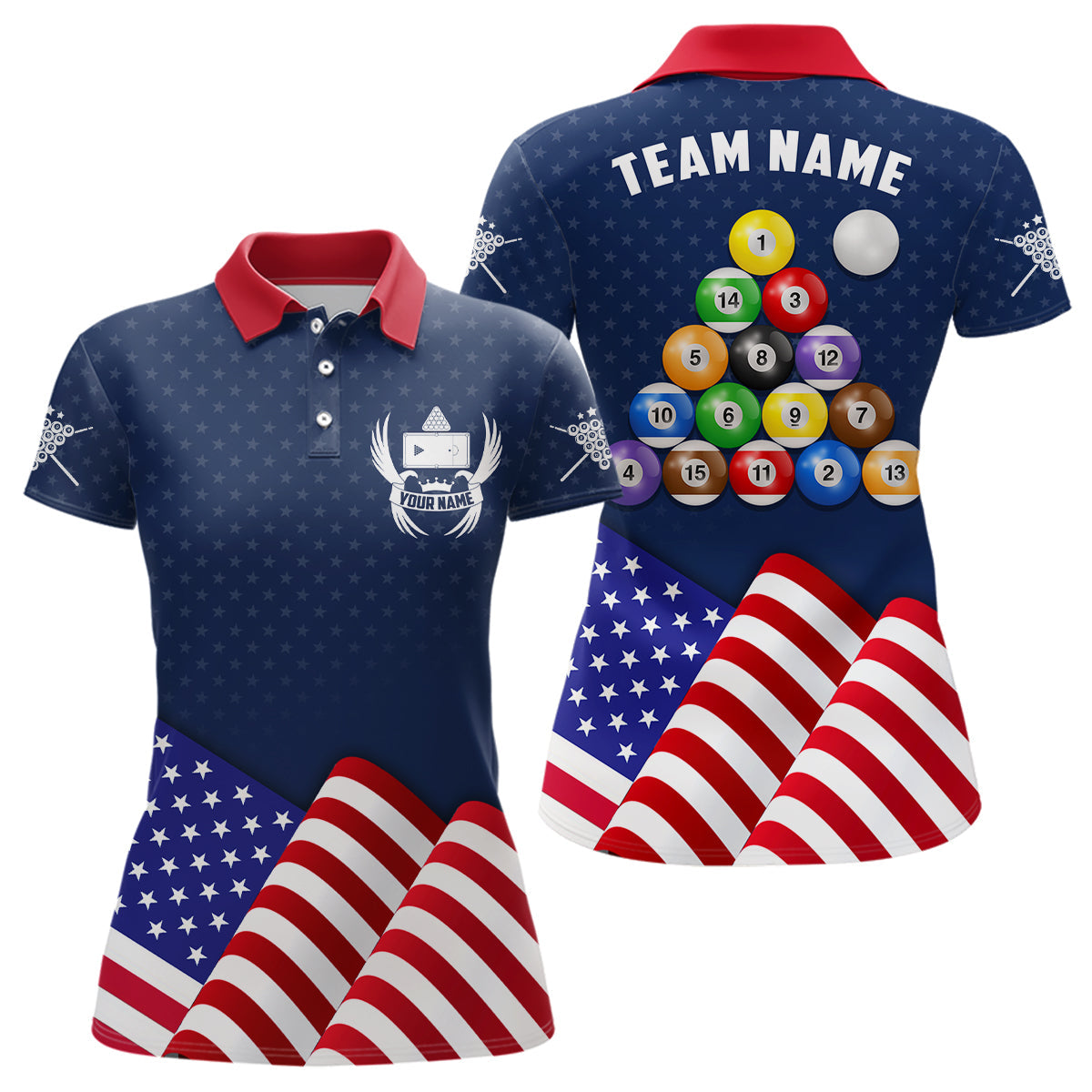 Personalized Patriotic Waving Flag Billiards Polo Shirts For Women, Custom Billiard Balls Jerseys VHM0218