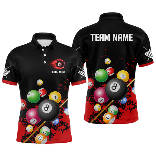 Personalized 8 Ball Billiard Red 3D Polo Shirts For Men, Custom Name Billiard Pool Team Jerseys VHM0224
