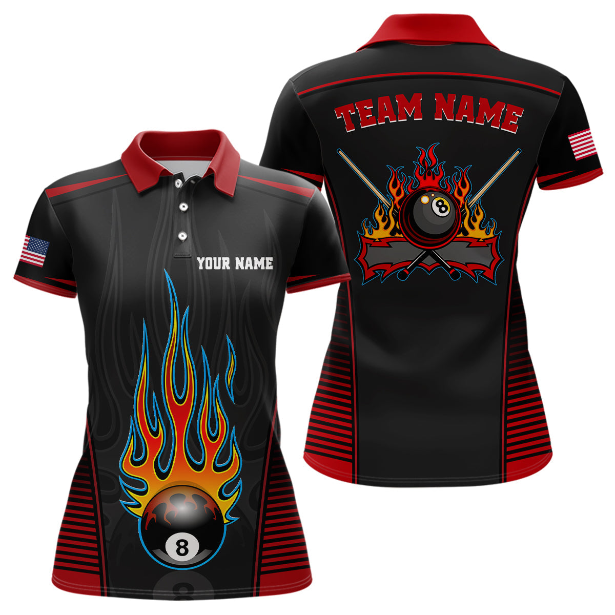 Personalized Red Black Fire 8 Ball Pool Polo Shirts For Women, Custom US Flag Billiard 8 Ball Shirts VHM0816