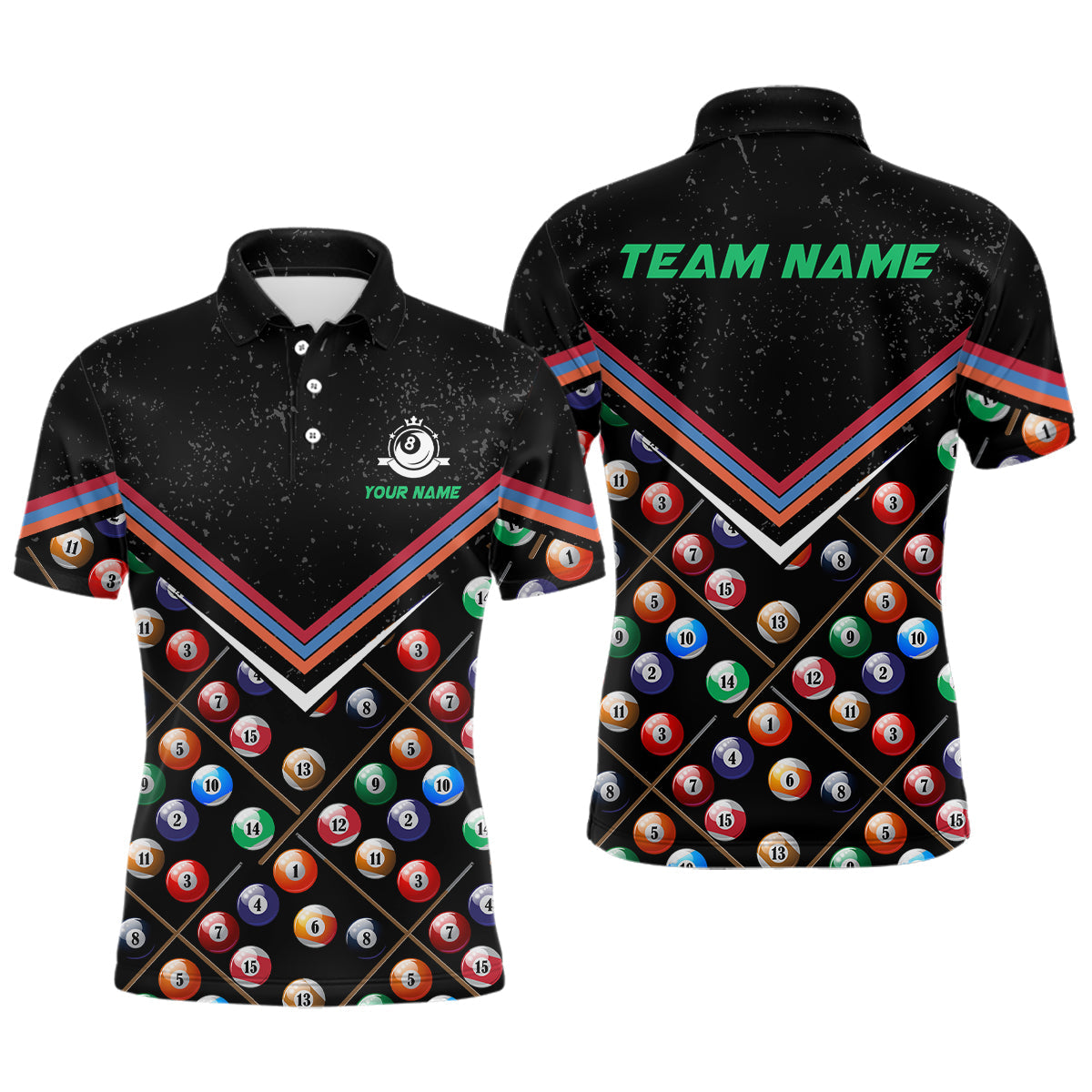 Personalized 3D Billiard Balls Polo Shirts For Men, Custom Black Grunge 8 Ball Pool Team Shirts VHM0242