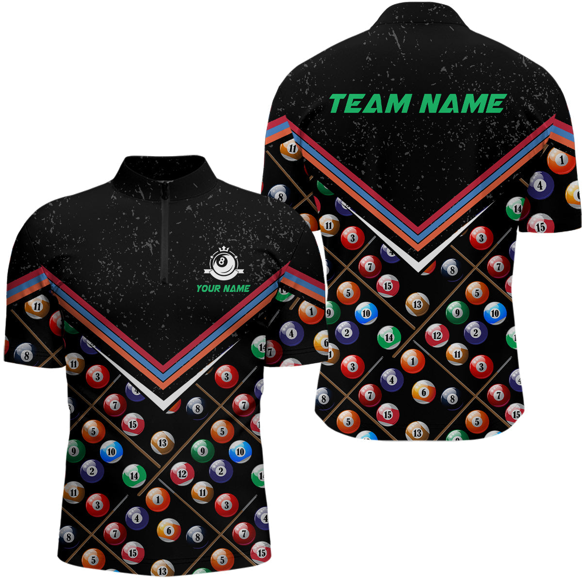 Personalized 3D Billiard Balls Quarter-Zip Shirts For Men, Custom Black Grunge 8 Ball Pool Shirts VHM0242