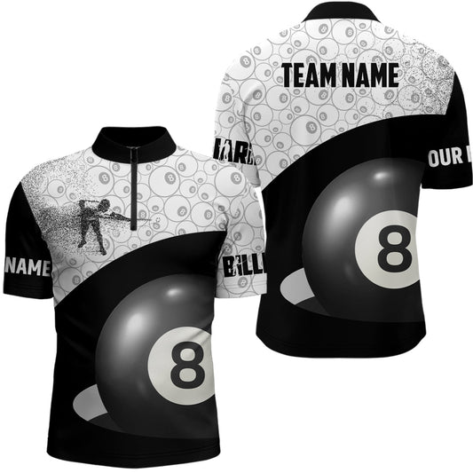Custom Name 3D Billiard Player Quarter-Zip Shirts For Men, Custom 8 Ball Pattern Billiards Jerseys VHM0246