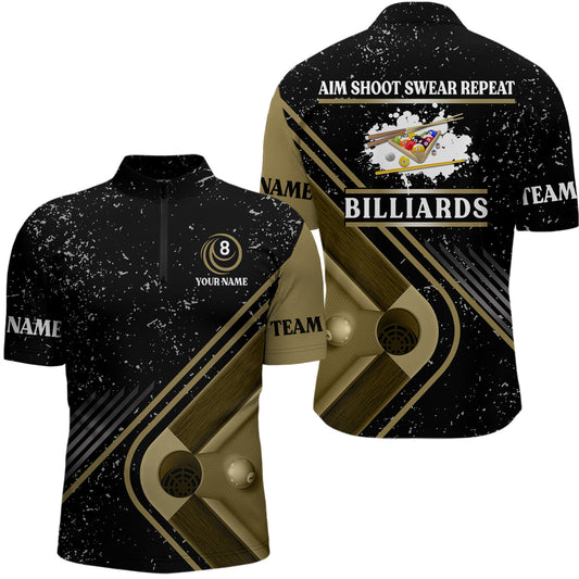 Billiards Aim Shoot Swear Repeat Custom Billiard Black Grunge Quarter-Zip Shirts For Men VHM0487