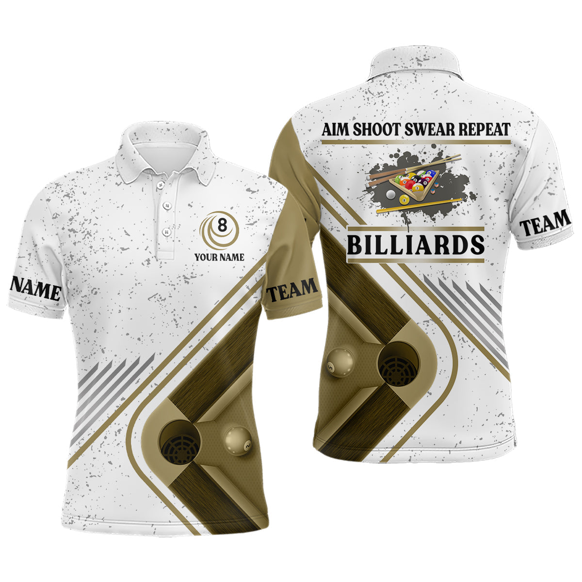 Billiard Aim Shoot Swear Repeat Custom Billiard White Grunge Polo Shirts For Men, Billiard Jerseys VHM0488
