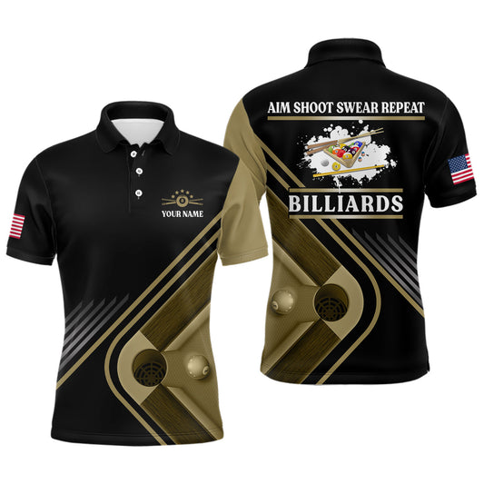 Billiards Aim Shoot Swear Repeat Custom Billiard Polo Shirts For Men, Custom US Flag Pool Shirts VHM0270