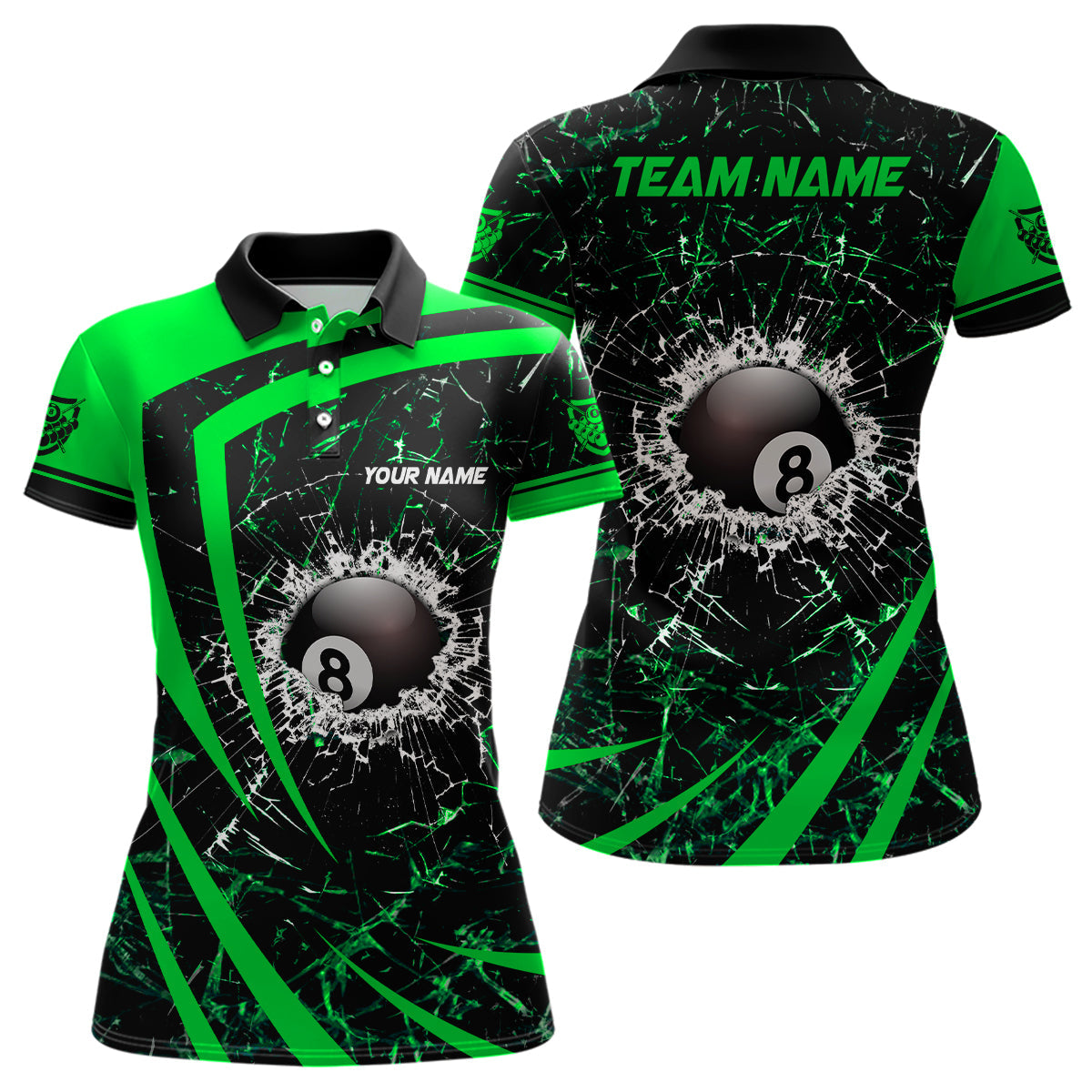 Personalized Green Glass Break 8 Ball Billiard 3D Polo Shirts For Women, Custom 8 Ball Pool Jerseys VHM0974