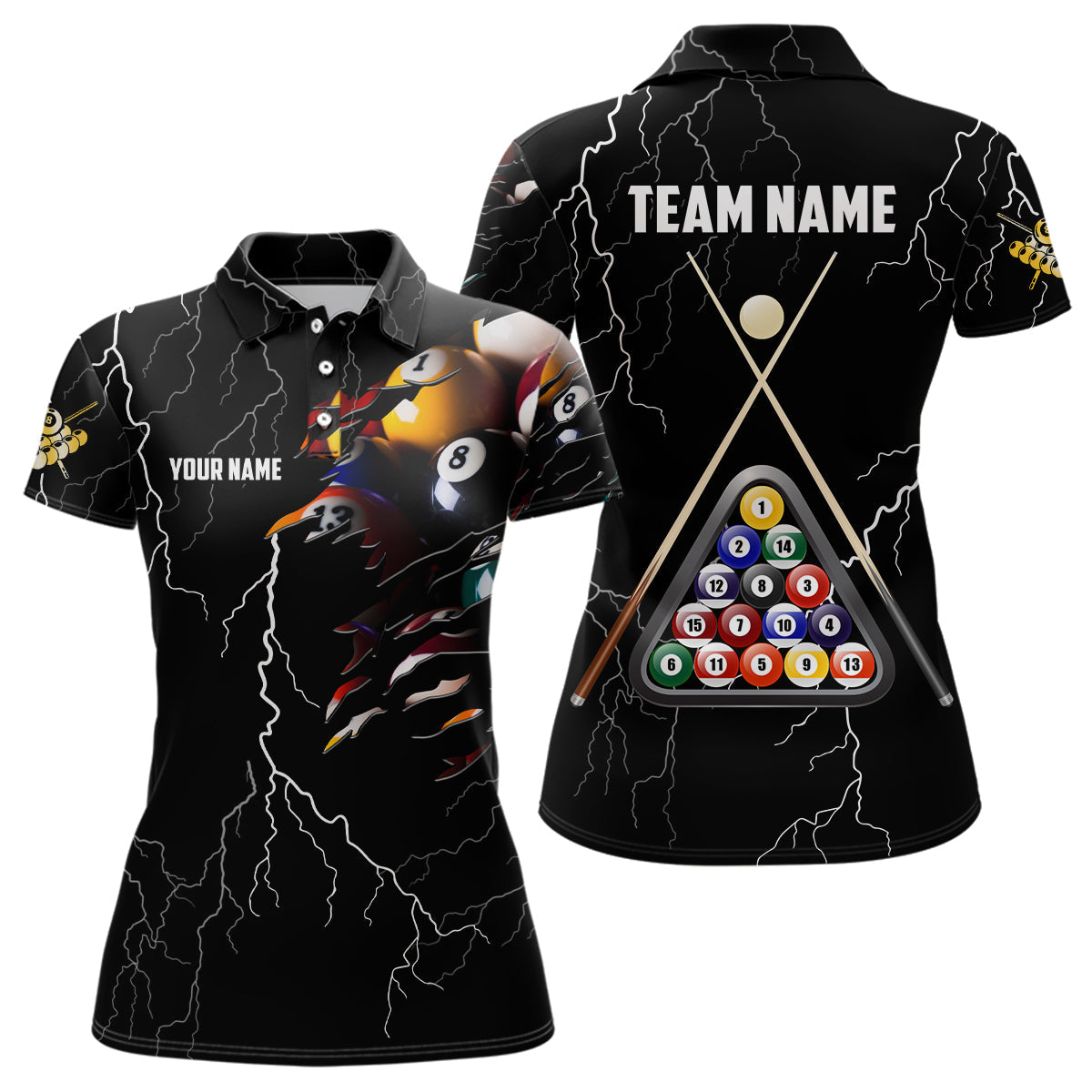 Personalized Name Thunder Billiard Ball 3D Polo Shirts For Women, Custom Billiard Pool Balls Jerseys VHM0722