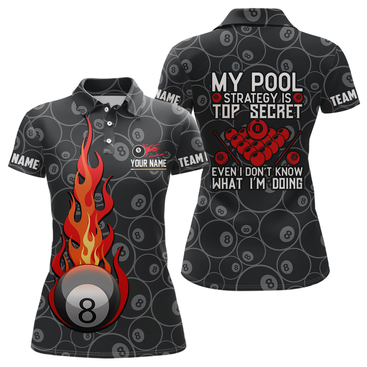Personalized 8 Ball Flame Billiard Polo Shirts For Women, Custom 8 Ball Pattern Billiard Jerseys VHM0723