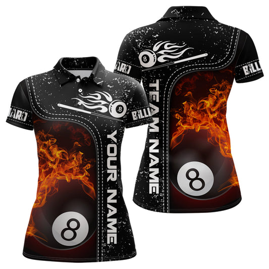 Personalized 8 Ball Flame Billiard Black 3D Polo Shirts For Women, Custom Name Billiard Team Shirts VHM0337