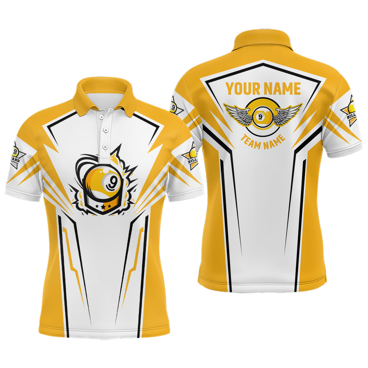Personalized 3D Funny Billiard 9 Ball Polo Shirts For Men, Custom White Yellow 9 Ball Pool Jerseys VHM0759