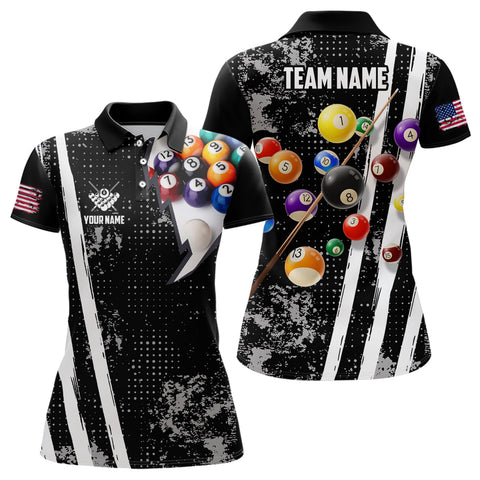Personalized Pool Player Billiards 8 Ball Polo Shirts For Women, Custom US Flag Billiard Jerseys VHM0151