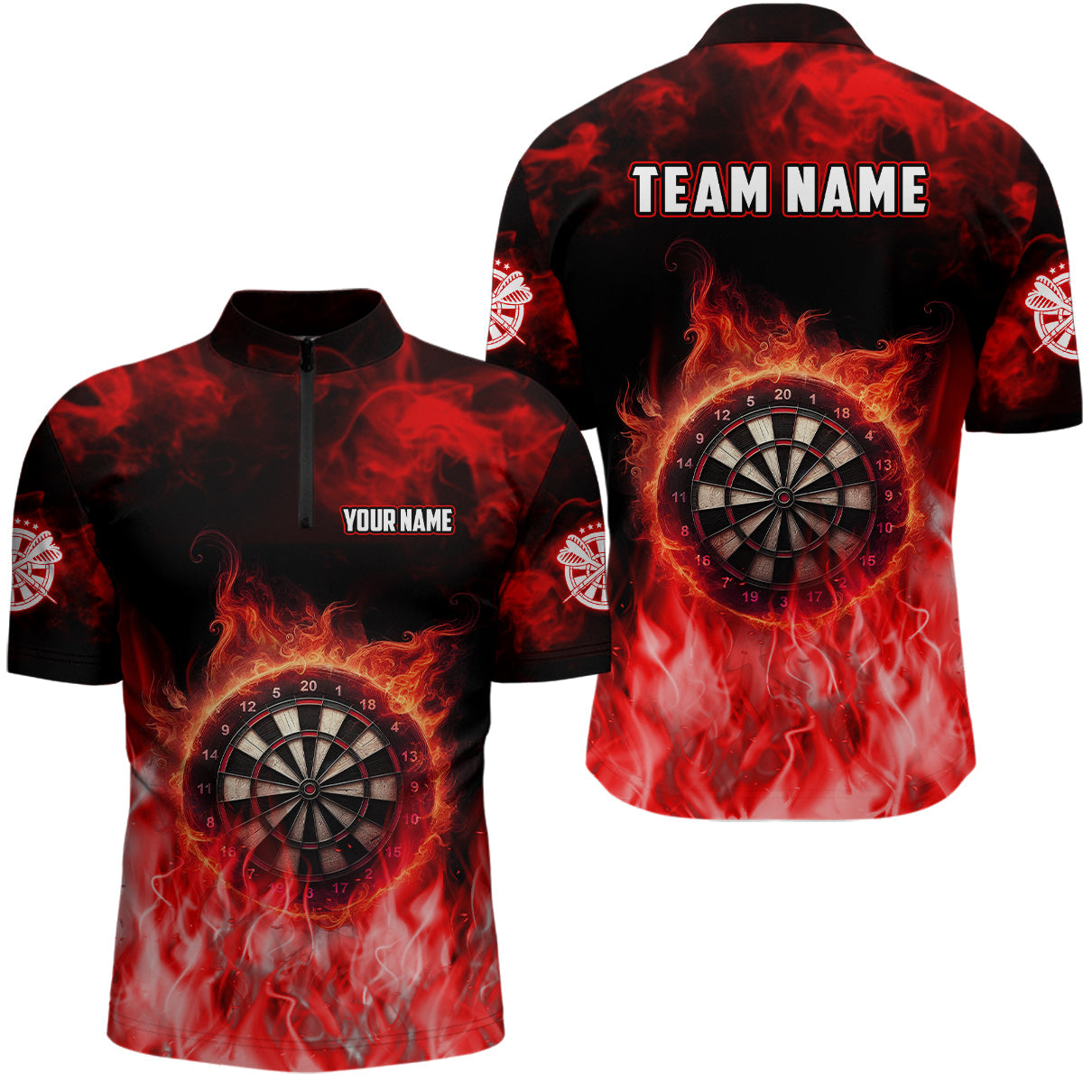 Personalized Red Flame Dart Quarter-Zip Shirts For Men, Dart Team Jerseys Custom Mens Dart Shirts VHM1084