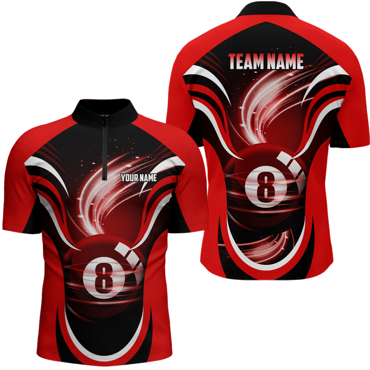 Personalized Red Black 3D 8 Ball Pool Quarter-Zip Shirts For Men Custom Billiard 8 Ball Team Shirts VHM0772