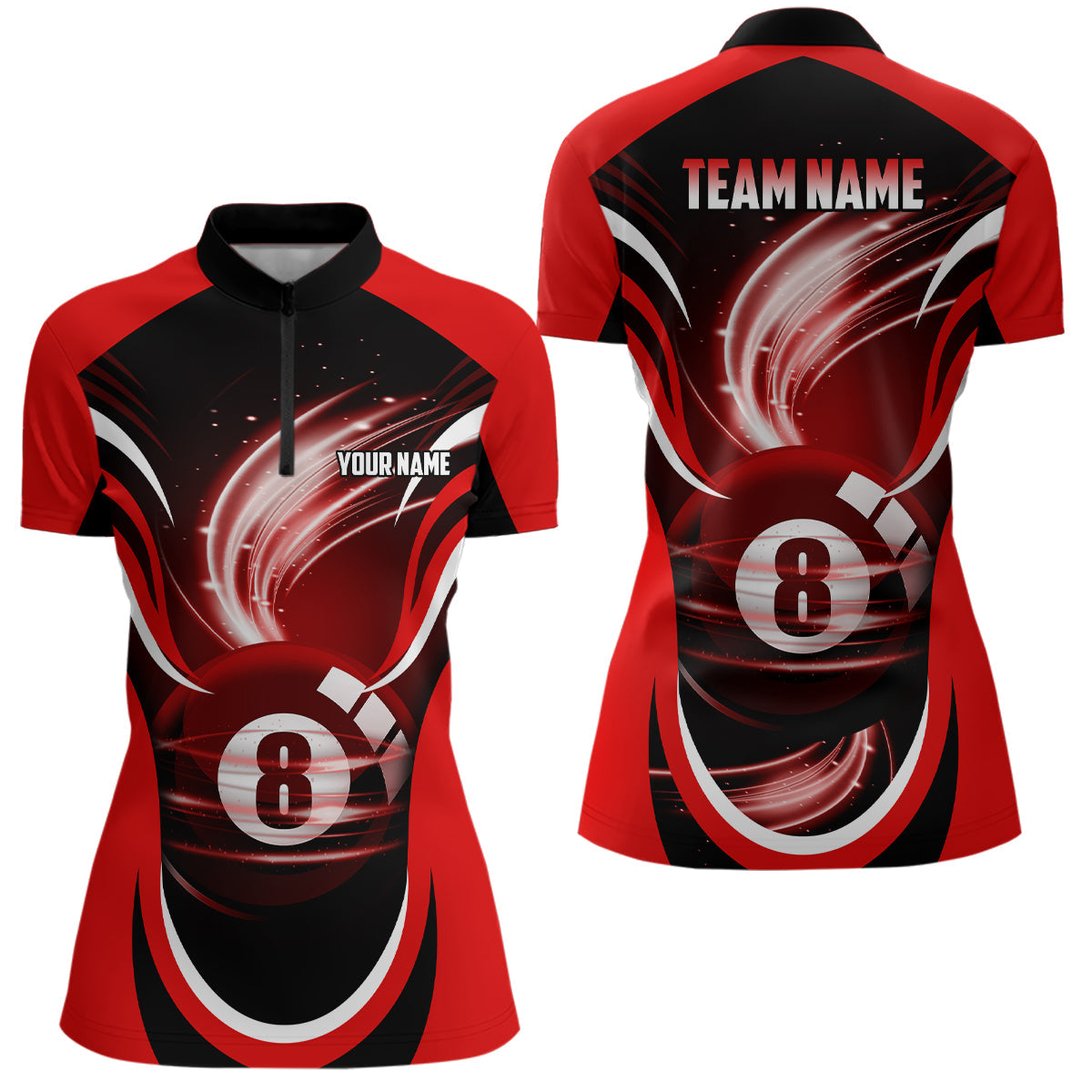 Personalized Red Black 3D 8 Ball Pool Quarter-Zip Shirts For Women Custom Billiard 8 Ball Team Shirts VHM0772