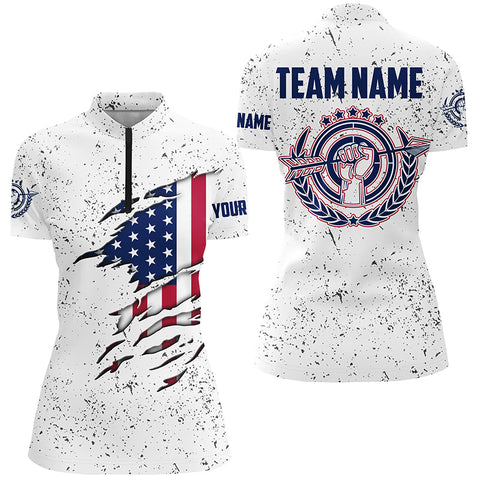 Grunge US Archery Women Quarter-Zip Shirts Custom Patriotic American Flag Shirts For Archer TDM0962