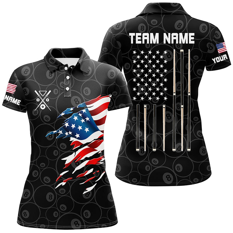 Personalized American Flag Patriotic Billiard Black Polo Shirts For Women Custom Name Billiard Gifts TDM0193