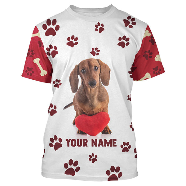 Cute Dachshund Dog With Fabric Heart Custom All Over Print Shirts For Dog Mom, Best Sausage Dog Shirts TDM0058