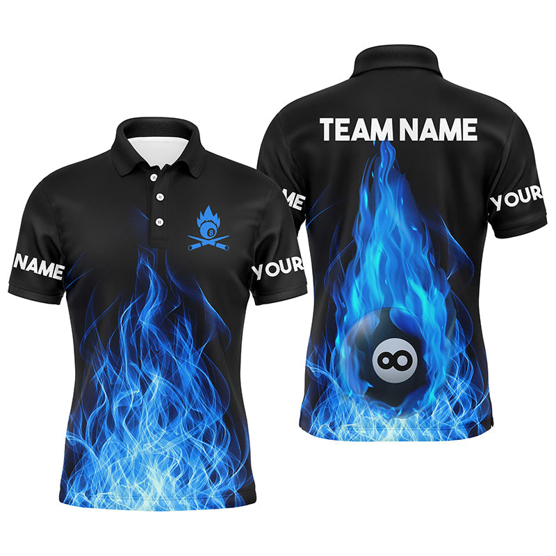 Custom Name Blue Flaming Billiard 3D Polo Shirts For Men Custom Billiard 8 Ball For Team TDM0290