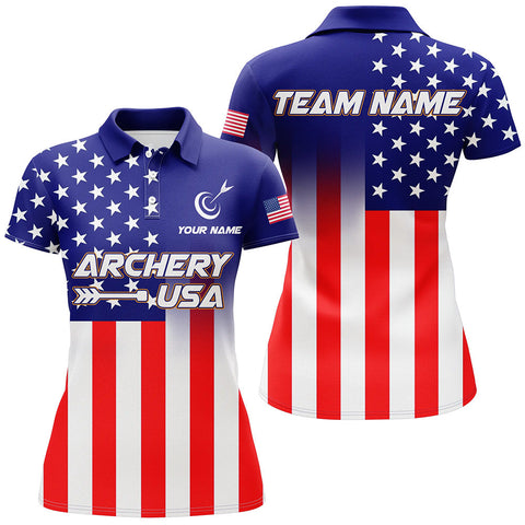 US Flag Custom Full Printing Archery Polo  Shirts For Women, Patriotic Team Archery Jerseys TDM0713
